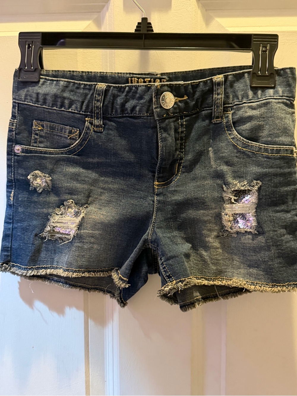 Dark Wash Distressed Women’s Denim Shorts with Sequin Accents size girls 12 NWOT
